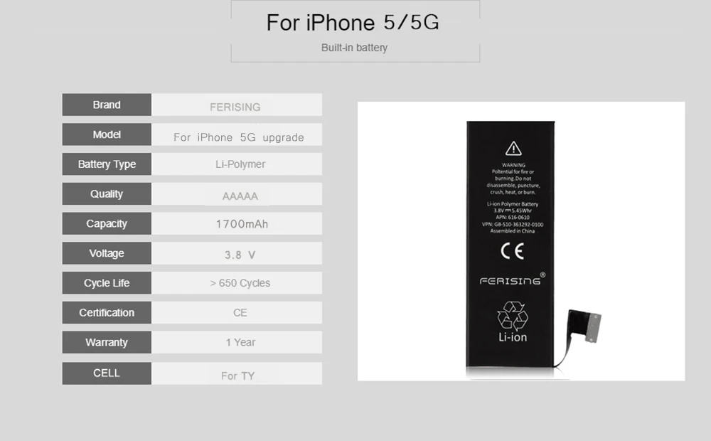 1700 мАч, зарядное устройство FERISING Батарея для iPhone 5 5G 5S 5C SE высокое Ёмкость телефона полимерный внутренняя сменная батарея аккумуляторов для iPhone5