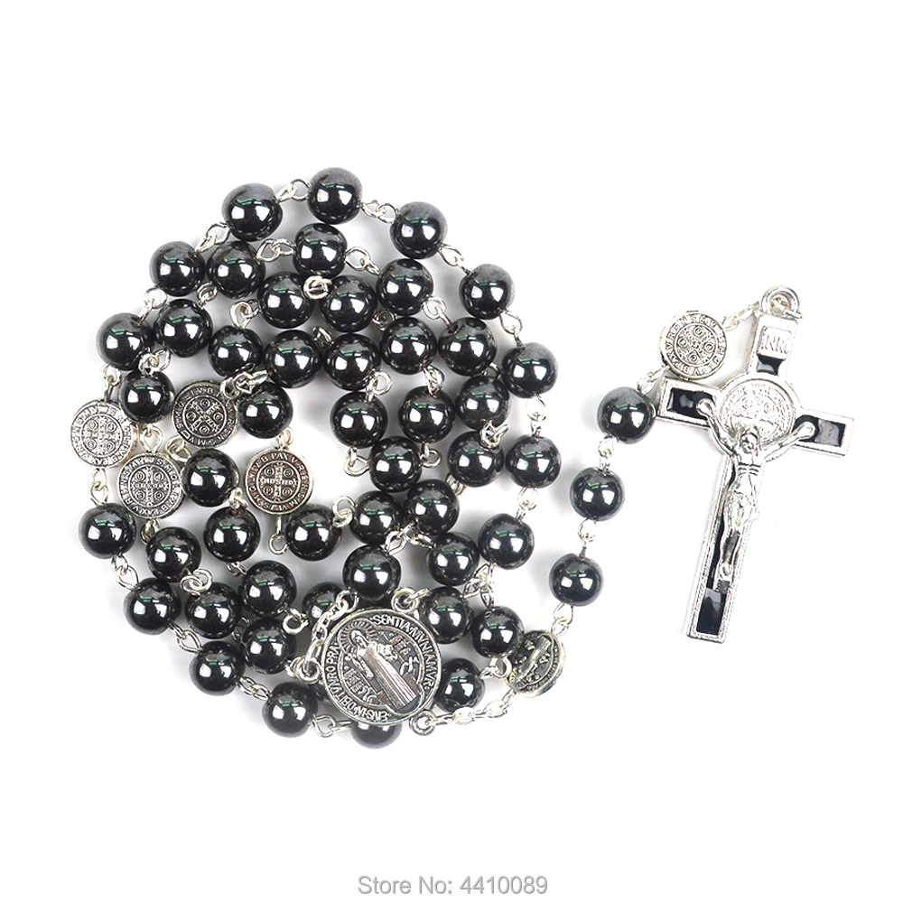 

Hematite Bead St Benedict Rosary Necklace For Men