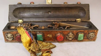 

18"Old Tibet Buddhism Bronze Mahakala Head Statue Vajra Gadder Phurpa Box