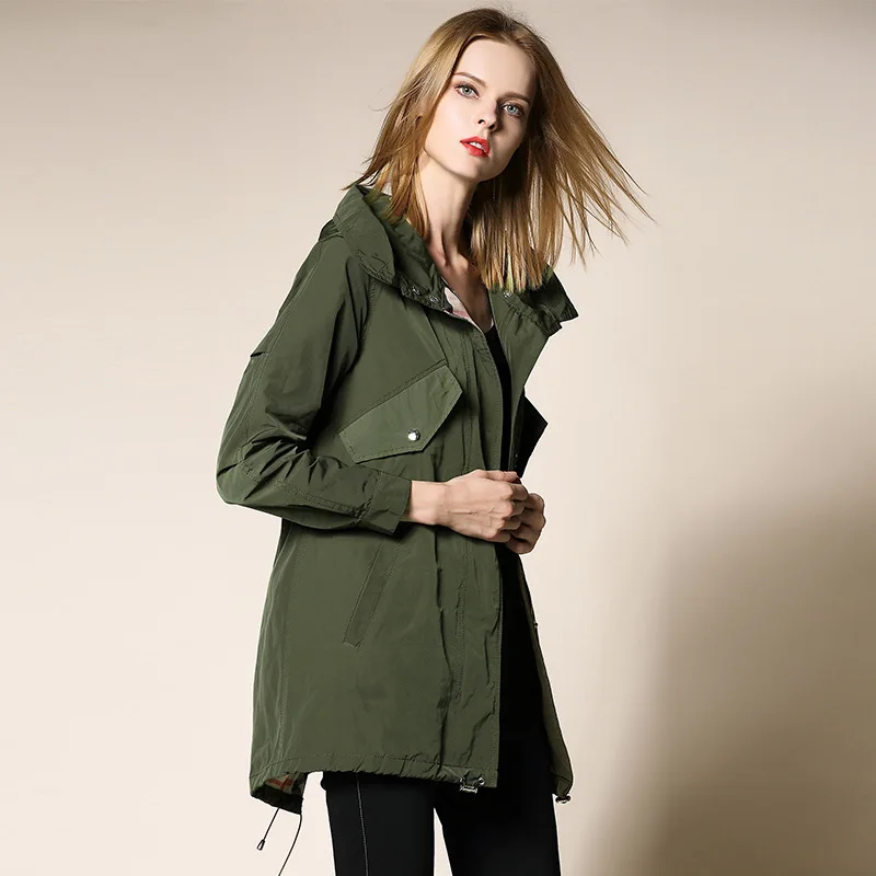 Taille Haute Grande Marque vent Veste Longue Nouveau Coupe kaki 2018 Section Lâche Automne Qualité Army Capuche Printemps Green Burdully Moyen Femmes À OgnqdYw