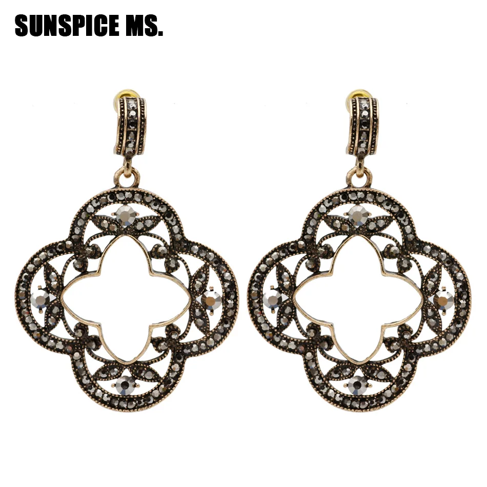 

SUNSPICE-MS Trendy Bohemia Ethnic Rhinestone Dangle Earrings Jewelry Antique Gold Color Drop Earring Turkish Bijoux Wholesale