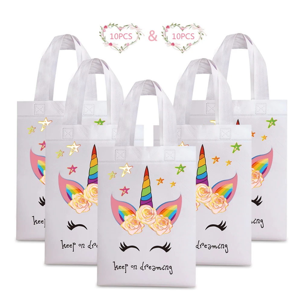 Comprar 20 piezas gran oferta unicornio bolsa laminada para compras bolsa de regalo impermeable no tejida niños fiesta de cumpleaños bolsa de regalo unicornio bolsas de fiesta