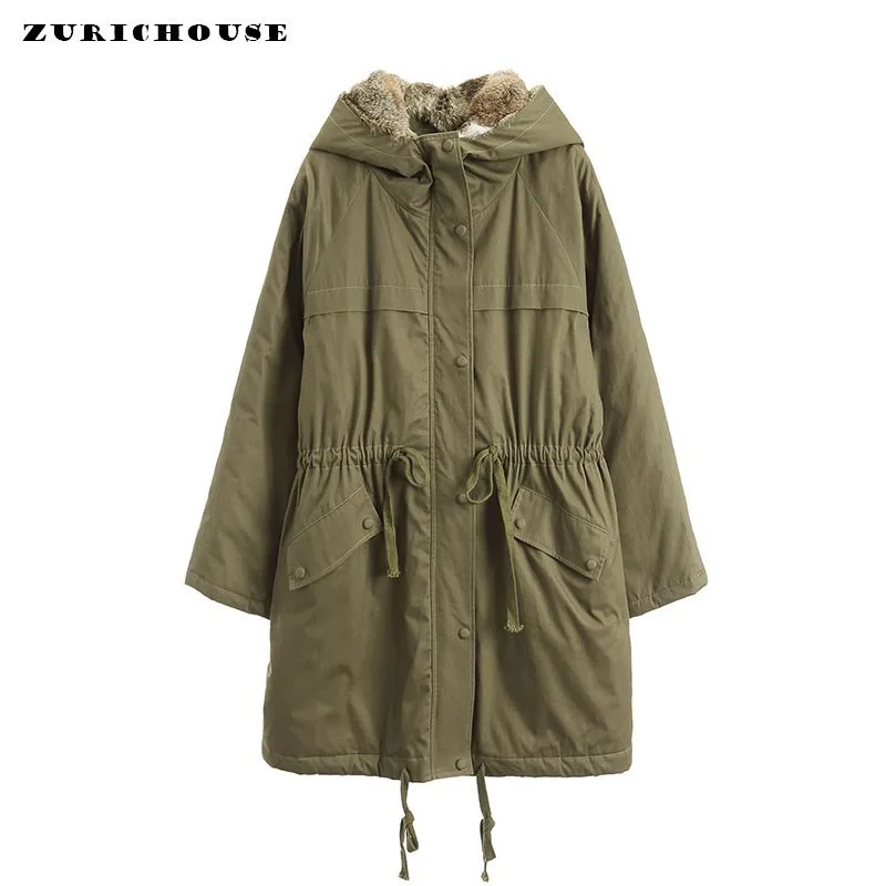 

ZURICHOUSE 2019 Winter Coats Woman Plush Hooded Warm Parka Fashion Military Army Green Outwear Long Cotton Padded Jacket Female