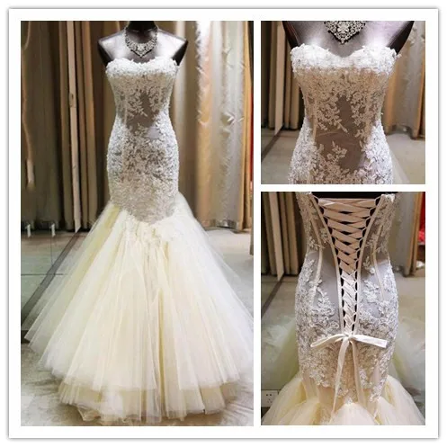 White Mermaid Tail Wedding Dress Sleeveless Lace Appliques