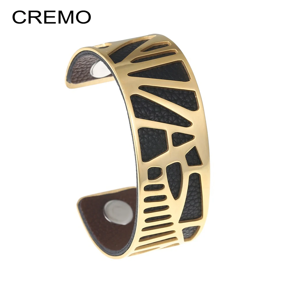 

Cremo Woodpecker Bracelets & Bangles Stainless Steel Bangle 25mm Geometry Pulseira Reversible Interchangeable Leather Jewellery