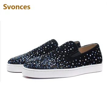 

Casual Mens Sneakers Fashion Shining Crystal Rivets Flats Designer Low Top Bottom Spikes Comfortable Laofers Shoes Men Plus Size