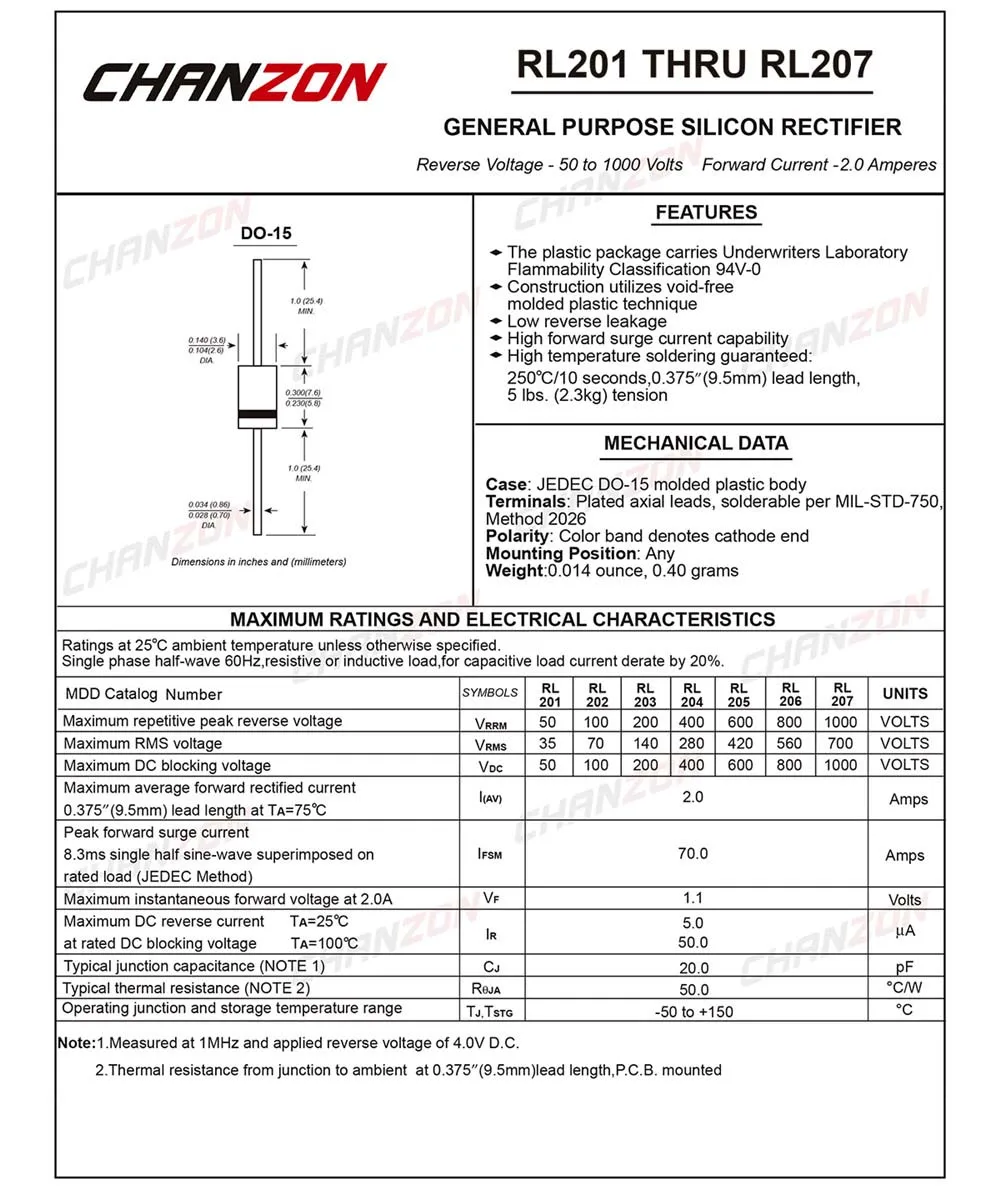 100 шт. RL207 выпрямительный диод 2A 1000 В DO-15(DO-204AC) осевой 2 ампер 1000 Вольт электронный кремний