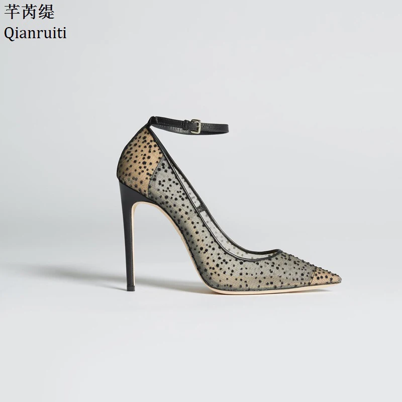 

Qianruiti Transparent Lace High Heels Lady Shoes Studded Crystal Stiletto Heels Women Shoes Pointed Toe Ankle Strap Women Pumps