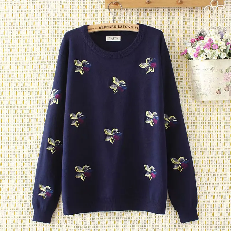 

Plus size 4XL Elastic pullovers knitting Autumn Embroidered women sweaters 2018 long sleeve ladies dark blue & black pull femme