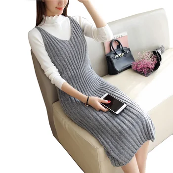 

Sweater Dress Women 2019 Winter V Neck Sleeveless Tank Ladies Dresses Tunics Robe Femme Slim Female Long Pullovers Puff Femme