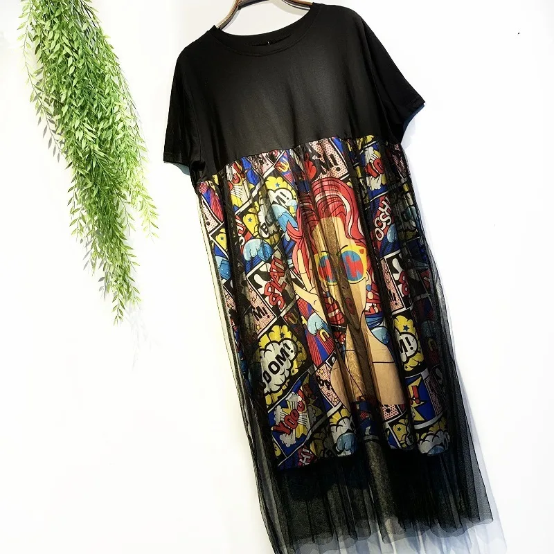 QING MO женское черное красивое платье-футболка с принтом, женское летнее Сетчатое лоскутное платье, женское длинное платье до середины икры ZQY1064