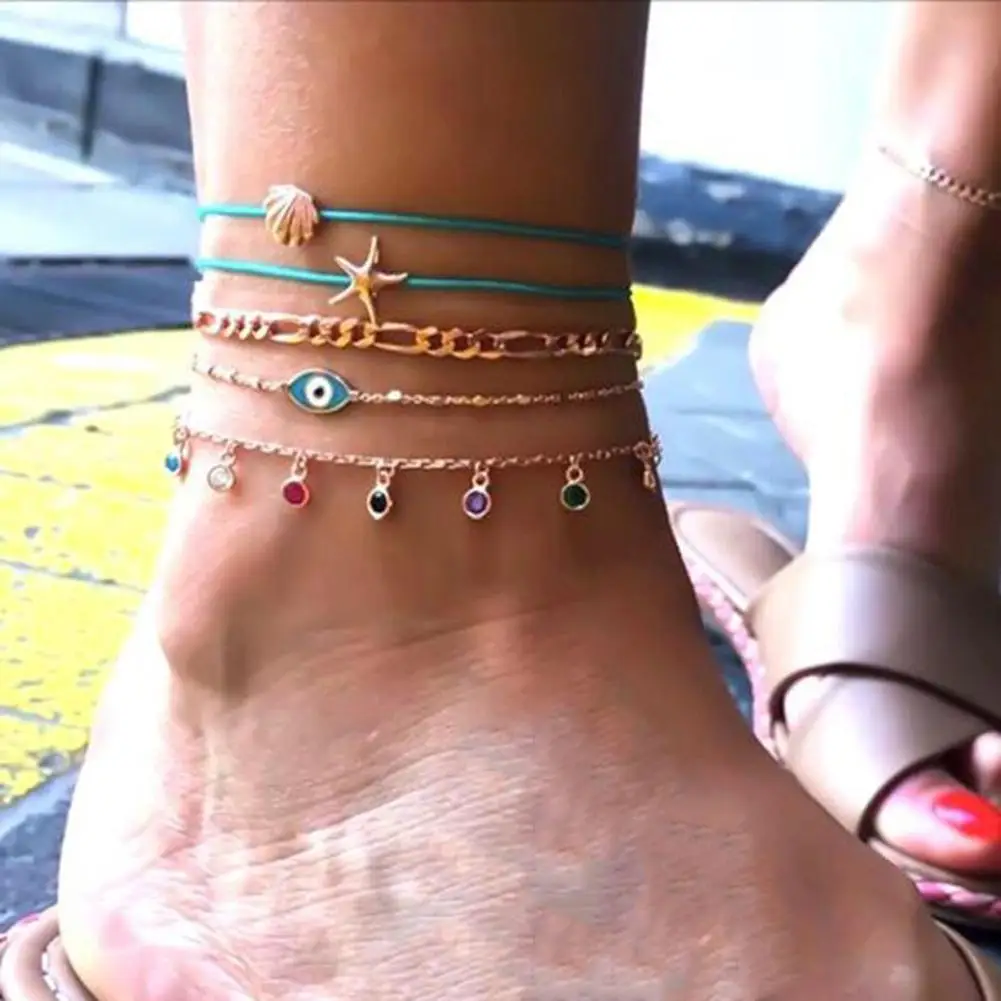 

Hot Women 5Pcs/Set Lady Shell Starfish Eye Charm Colorful Rhinestone Anklet Ankle Bracelet