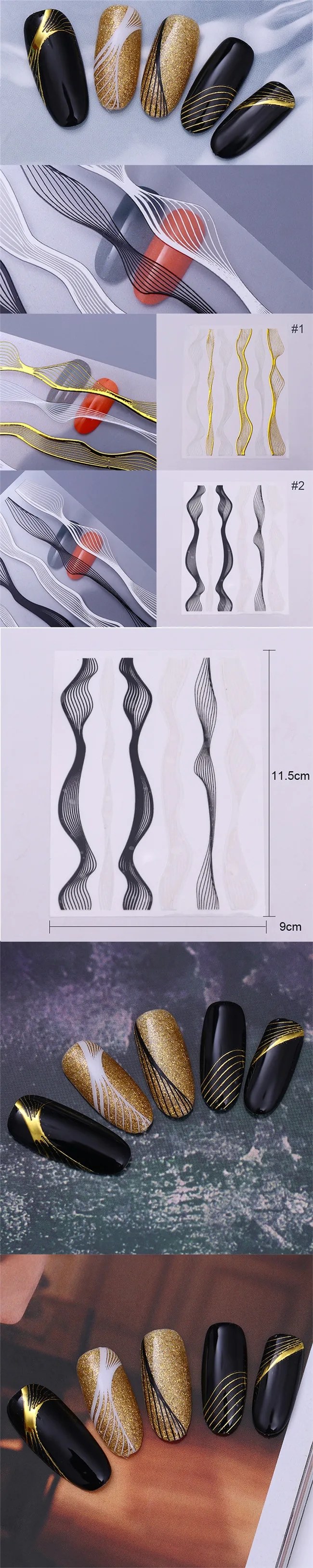 Золотые металлические 3D наклейки для ногтей с линиями, многоразмерные волнистые полосы, клей для накладных ногтей, переводные наклейки для ногтей, водная горка, УФ-гель