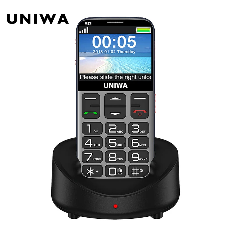 UNIWA V808G, мобильный телефон для пожилых людей, 3G, кнопка SOS, 1400 мА/ч, 2,31 дюйма, изогнутый экран, фонарик, фонарь, сотовый телефон для пожилых людей