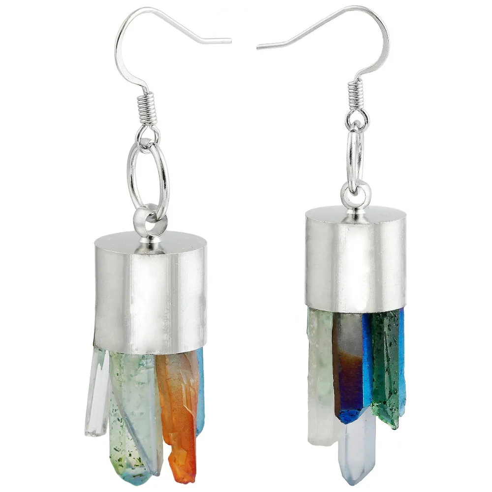 

TUMBEELLUWA Titanium Coated Colorful Rock Quartz Raw Rough Cluster Druzy Dangle Drop Hook Earrings