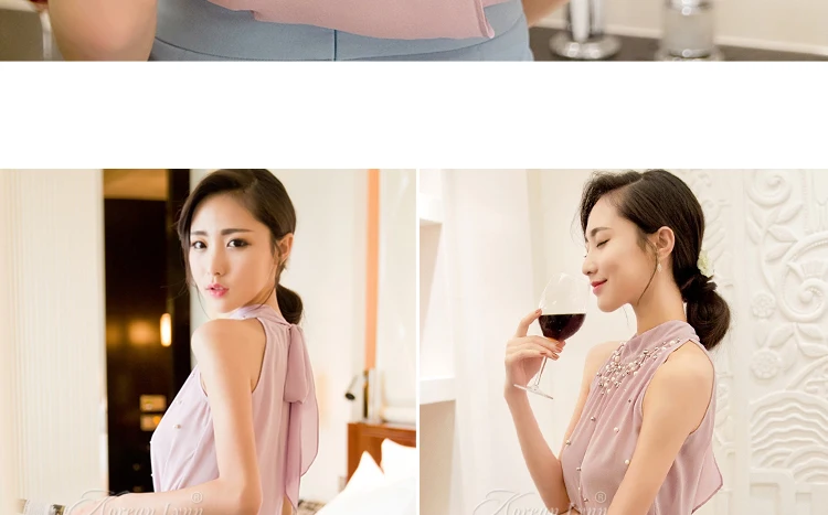 Новинка, женская шифоновая блуза с бусинами, корейская мода, без рукавов, Женская водолазка, шифоновая блузка, рубашка, Женский Топ, s m l XL835I 42