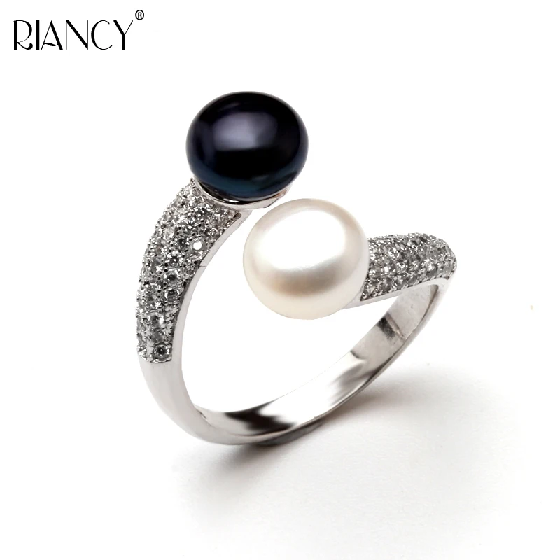 

Fashion Adjustable Open Ring High Quality Black and white Pearl Rings for Women Wedding Jewelry Gift