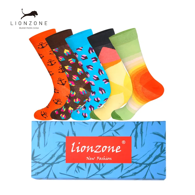 Весенние новые мужские цветные полосатые хлопковые носки с многогранными рисунками, жаккардовые носки хит цвета, длинные носки в горошек, 5 пар - Цвет: HSXZ-zh5-1-b