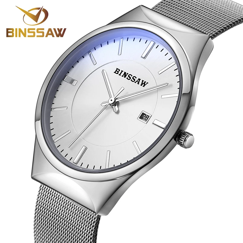 

BINSSAW luxury Brand Men's watches dress quartz watch men steel mesh strap quartz-watch Ultra-thin ultra clock relogio masculino