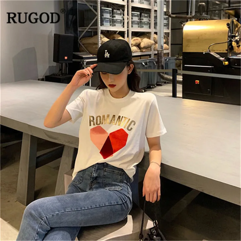 RUGOD/женская футболка с принтом сердца Романтичная круглым вырезом и короткими