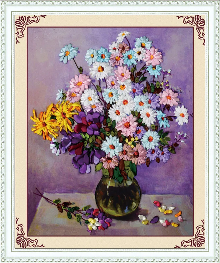 

DIY 3D Ribbon Embroidery cross stitch kits sets handmade needlework / vase flowers Decor Arts picture paintings