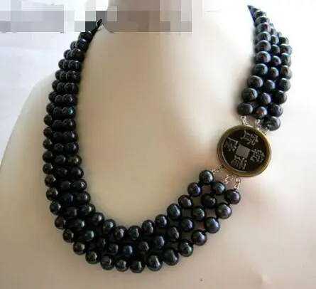 

FREE SHIPPING HOT sell new Style >>>>> 3Strands 18'' 9MM Black Round Freshwater Pearl Necklace