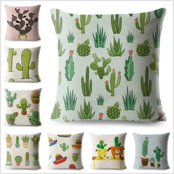 

Cactus Pillow Case Cartoon Plant Linen Cotton 45*45 cm Square Cushion Cover for Sofa Home Decorative Printed Throw Pillowcase