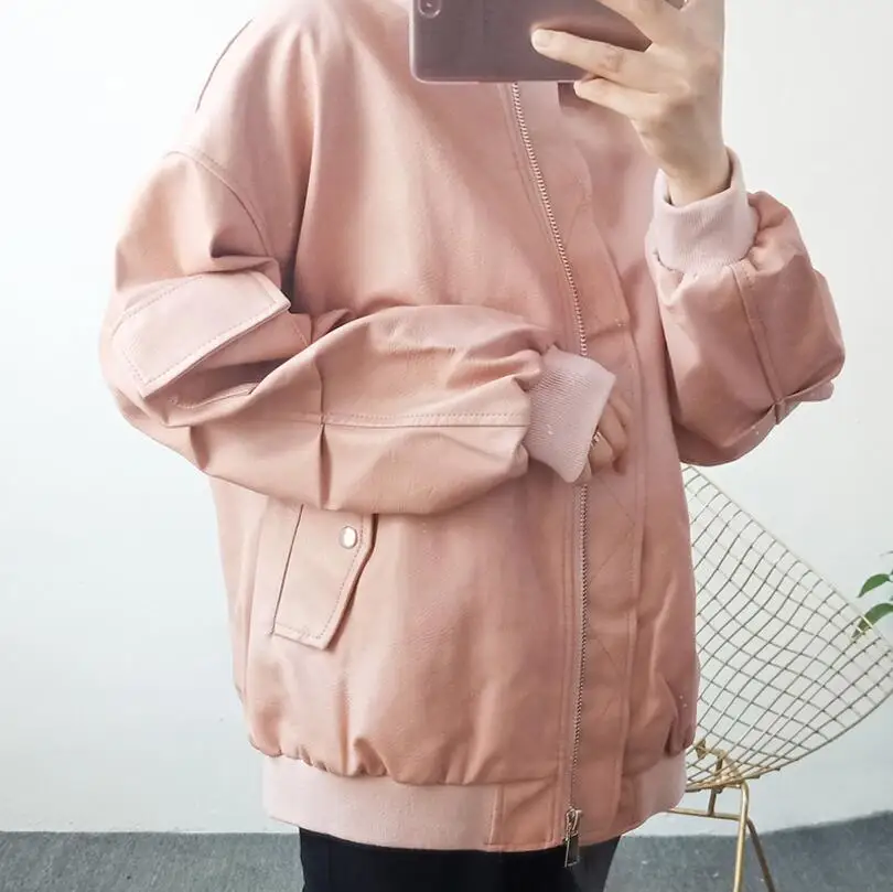 Moto Base Black Femmes pink Mode 2018 Manteau Automne Pu En W1012 Nouveau Cuir Dames De Faux Rue Veste Zipper WFSAwq