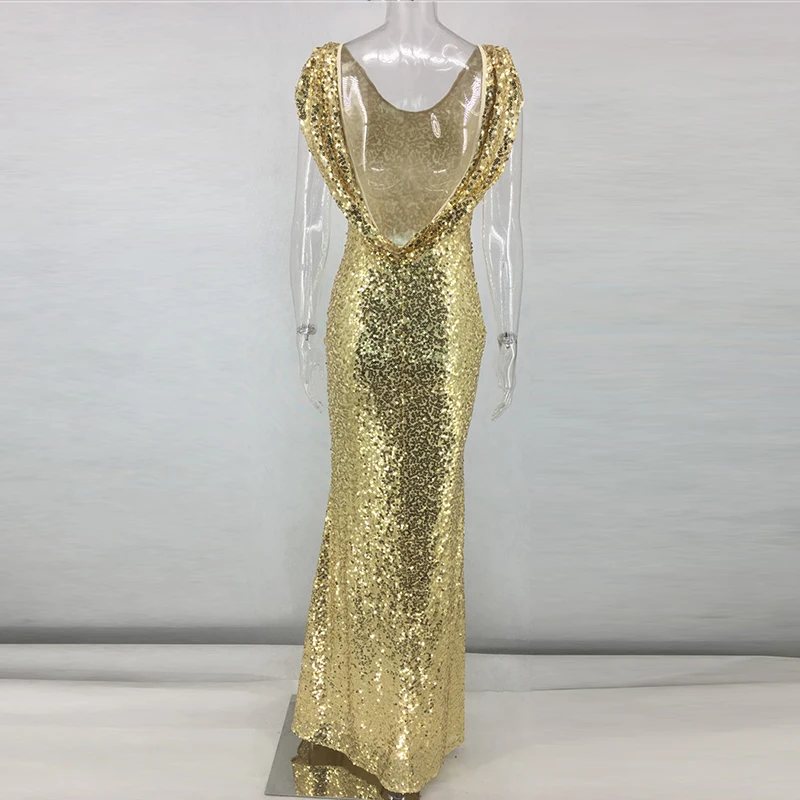 Backless Draped Gold Sequin Short Sleeve Maxi Dress Summer Women O Neck Mermaid Long Dress Sexy Elegant Evening Party Dress