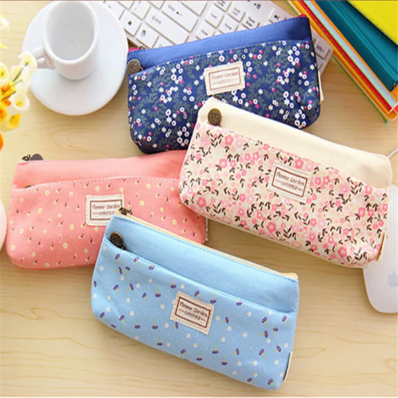 Kawaii Candy Color Pencil Bag Canvas Trousse Scolaire Stylo Floral Cute