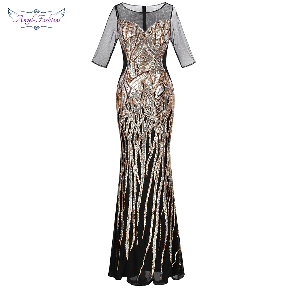 Angel-fashions Women’s Half Sleeve Mother of Bride Dresses Gold Sequin Vintage Party Gown 393