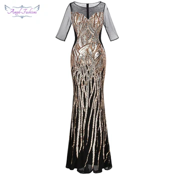 

Angel-fashions Women's Half Sleeve Mother of Bride Dresses Gold Sequin Vintage Party Gown 393