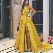 Новое поступление желтое плиссированное платье с одним плечом без рукавов высокой щели до бедра платье для выпускного вечера