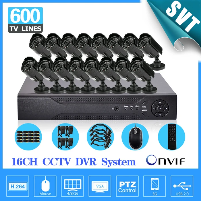 600TVL CCTV 16 шт. открытый Водонепроницаемый ИК камеры H.264 DVR рекордер Комплект