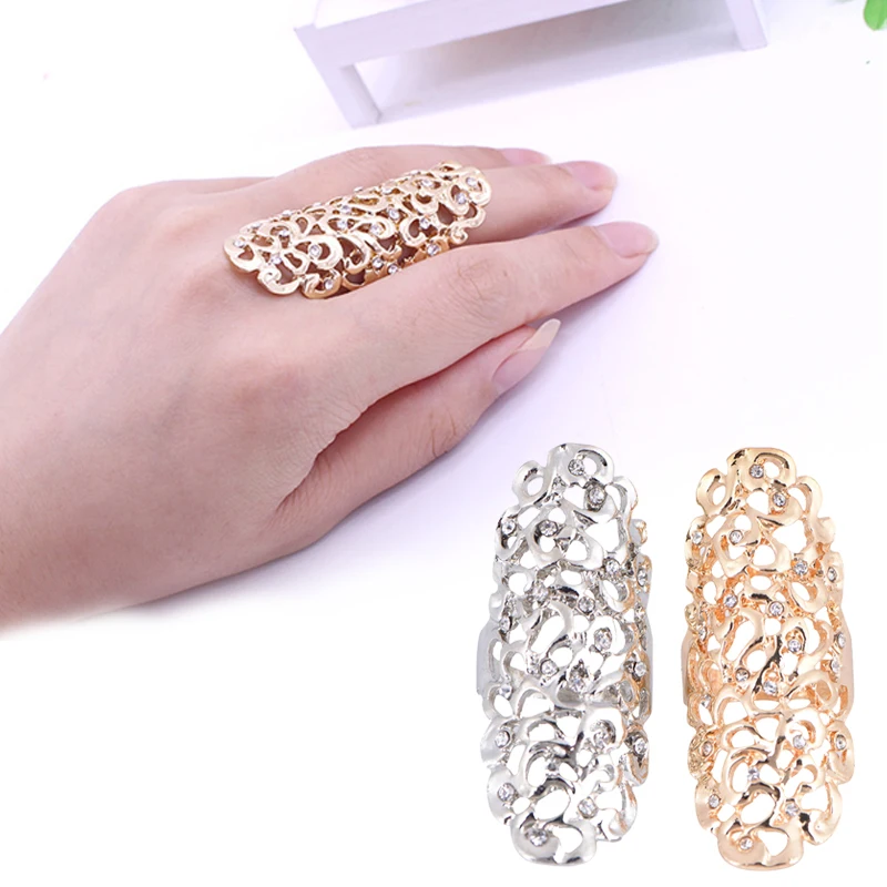 

Fashion Women Exaggerate Hollow Out Rings Retro Boho Gold Silver Plated Rhinestone Big Knuckle Female Party Rings Jewelry