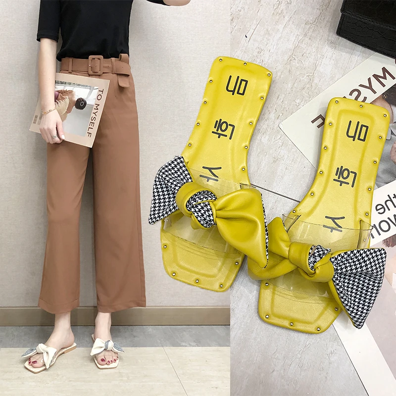 

Summer New 2019 Fashion Summer Slip-on Slippers Women Low Heel Sandals butterfly-knot Dress Slipper Handmade Woman Solid Shoes