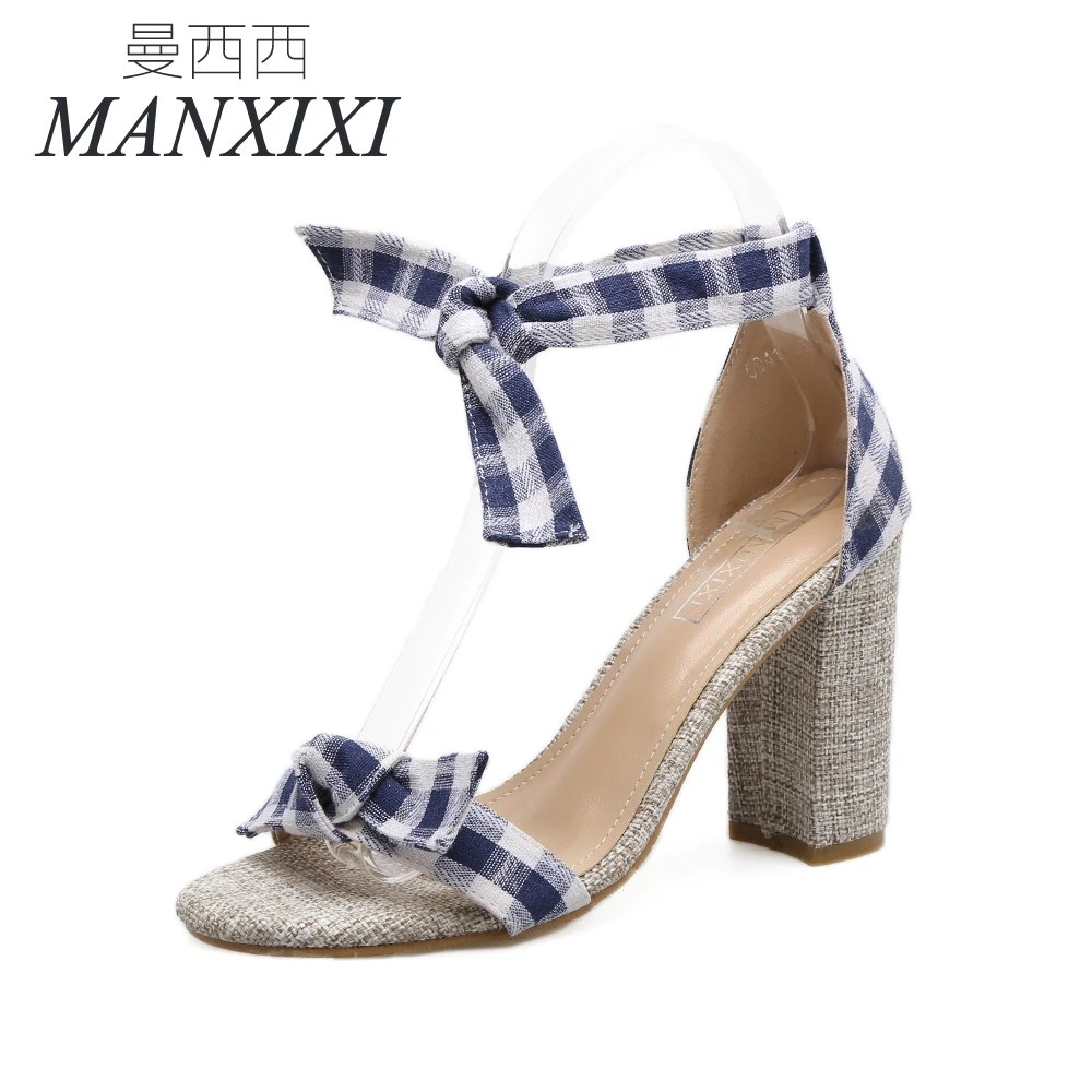 

ManXiXi Summer Style women's sexy high heels Square heel Sandals Lace-Up Bowtie shoes woman US5-9 Black Blue
