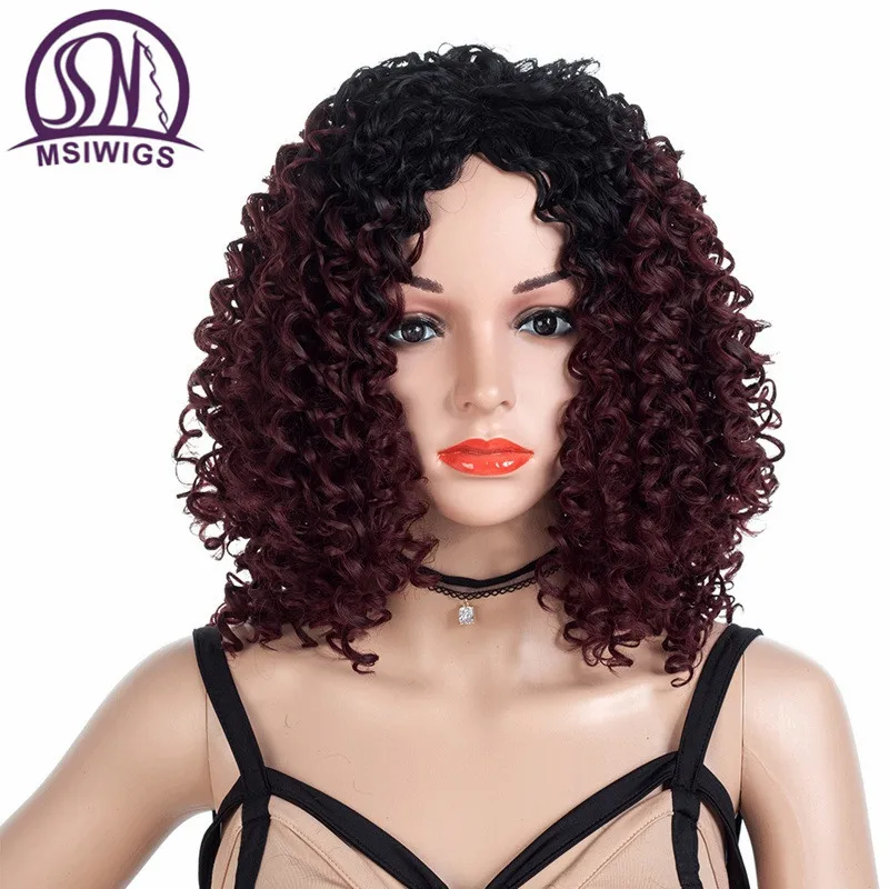

MSIWIGS Ombre Blonde Medium Long Wigs with Dark Roots Brown Synthetic Bouncy Curly Wig for Women Black/ Wine Afro Hair