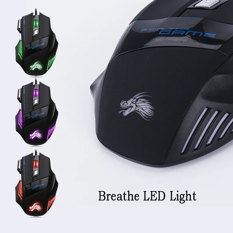 Дыхание игровая мышка со светодиодной подсветкой Professional 7 Кнопка 5500 точек на дюйм USB Оптический мыши Компьютерные с игровые стереонаушники