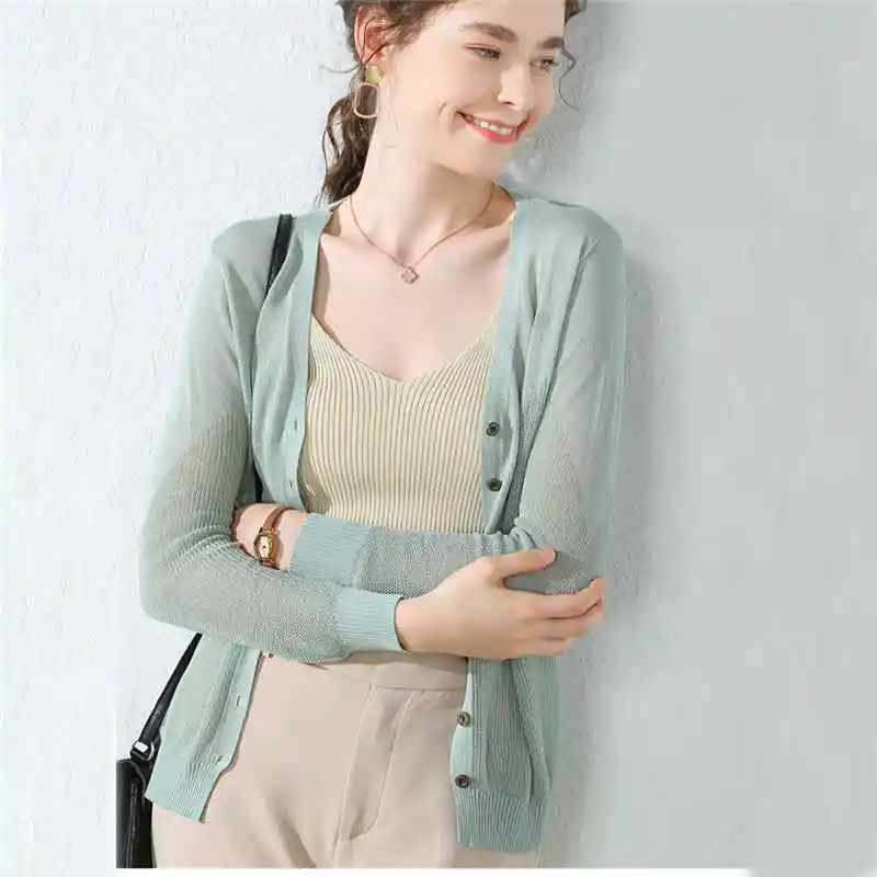 

Women Silk Knitted Cardigans Short Jacket Summer Autumn Casual Thin Cardigan Female Long Sleeve Sweater Coat Plus Size 3XL A1512
