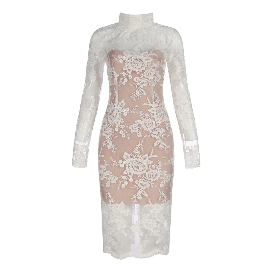 

New Design Elegance Lace Women Women Dress Zippers Floral Bodycon Mid Calf Dresses Celebrity Party Club Cocktail Vestido White