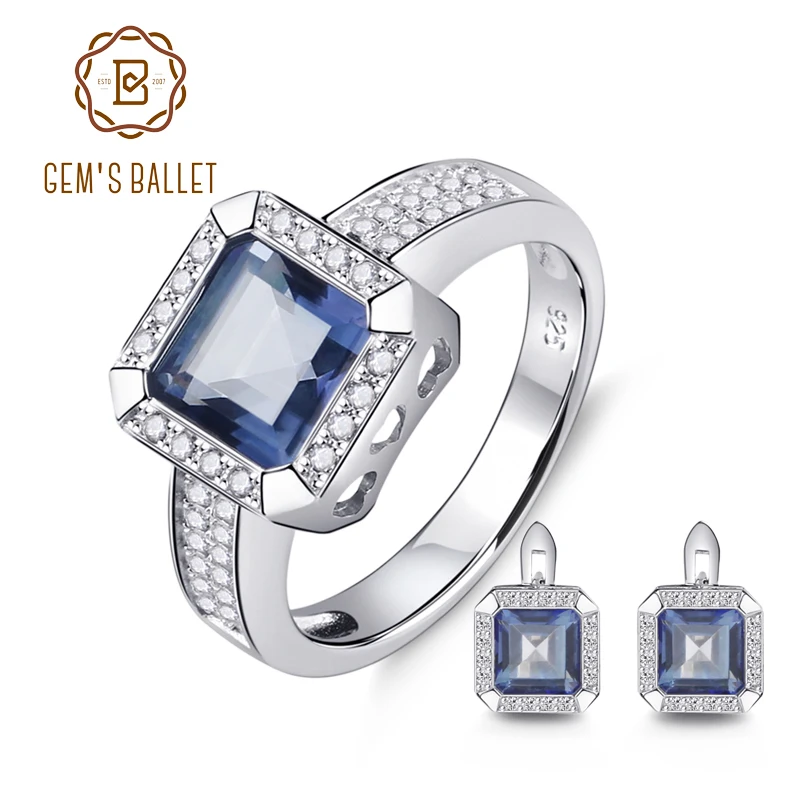 

GEM'S BALLET Square 925 Sterling Silver Jewelry Set 5.97ct Natural Iolite Blue Mystic Quartz Gemstone Earrings Ring Sets