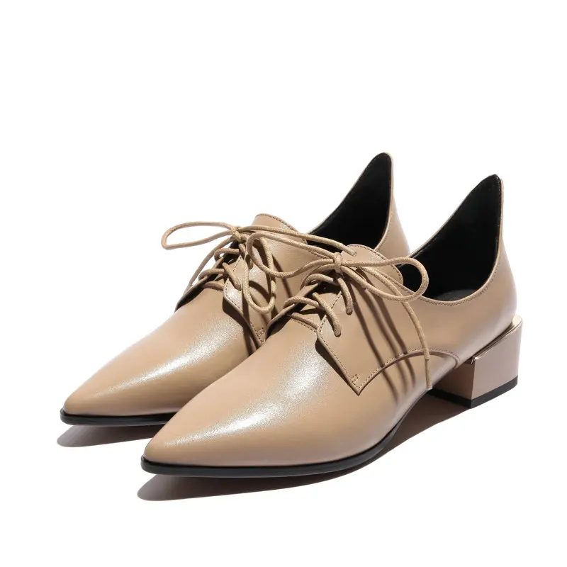 TASSLYNN/ г., абрикосовые женские туфли-лодочки на среднем квадратном каблуке повседневная обувь на шнуровке модная обувь из коровьей кожи с острым носком и PU искусственной кожи женская обувь, размер 34-43 - Цвет: apricot