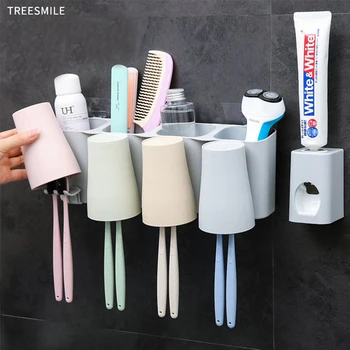 

TREESMILE Toothbrush Holder Toothpaste Squeezer Dispenser Bathroom Accessories Sets Punch Free Storage Rack Household Goods D40