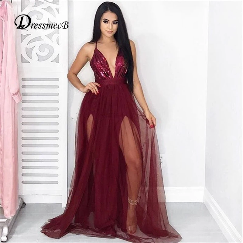 summer dress fashion wedding sexy High Split dresses evening party Mesh Chiffon Lace Sequins Sexy bodycon women Dress