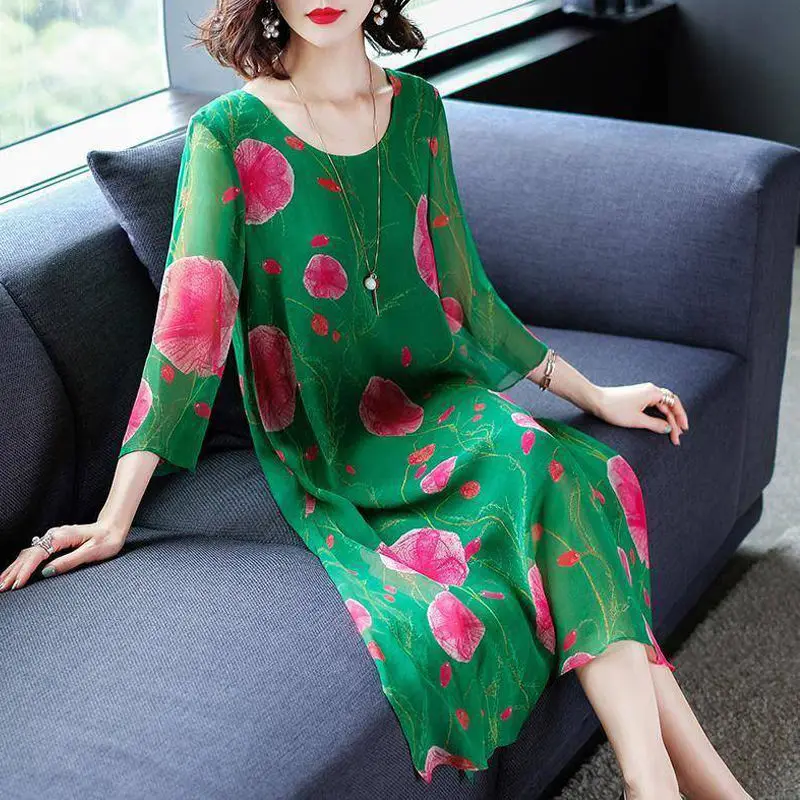 

new women clothing high imitation silk dresses Print women dresses o-neck national stly clothing maternity dresses holiday dress