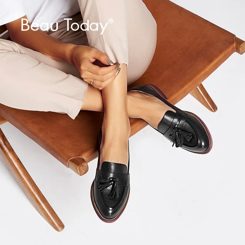 

BeauToday Women Tassels Penny Loafers Black Waxing Sheepskin Genuine Leather Pointed Toe Lady Slip On Flats Handmade 2707510