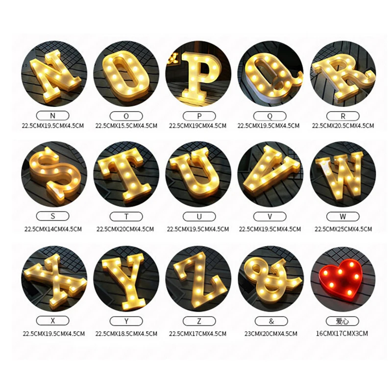 Warm Light Letters DIY LED Holiday Lighting Alphabets A-Z Heart Symbol Plastic LED Lights Bedroom Wedding Party Festival Decor