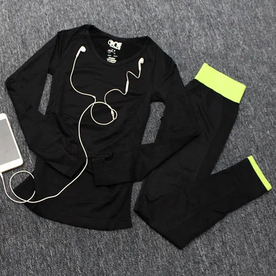 Женский комплект из двух предметов, футболка с длинным рукавом и штаны для йоги, спортивные костюмы для фитнеса, тренажерного зала, тренировочная одежда для бега