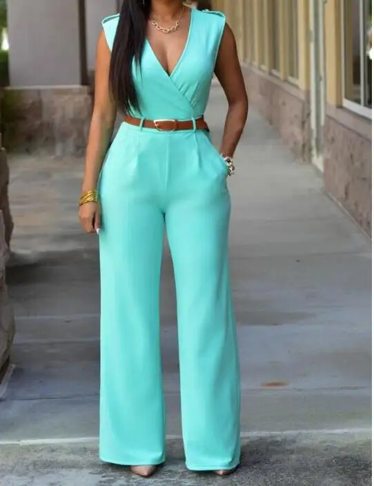 Women Jumpsuit Long Pants Rompers Sleeveless V-neck 2019 Summer Wide Leg Pants Jumpsuits With Belt Sexy Club Party Overalls